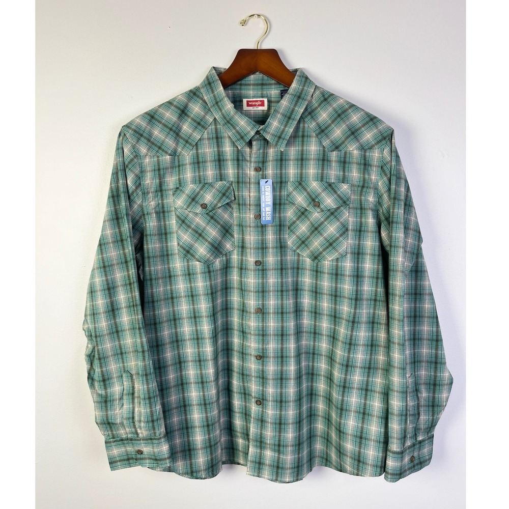 Wrangler Western Shirt Green Plaid Cowboy Comfort Fit‎ Long Sleeve 3XL New